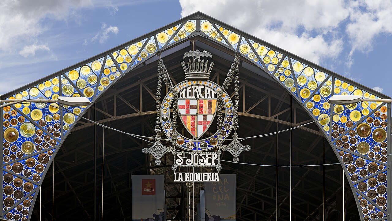 La Boqueria market stalls with fresh produce in Barcelona