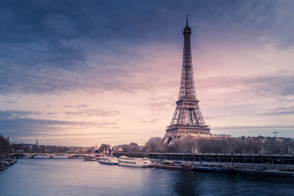 Classic Parisian rooftops and Haussmann buildings with the Eiffel Tower in the background at golden hour