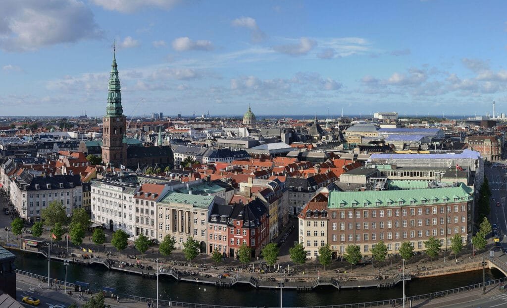 Canal, spires and rooftops from above, Copenhagen
