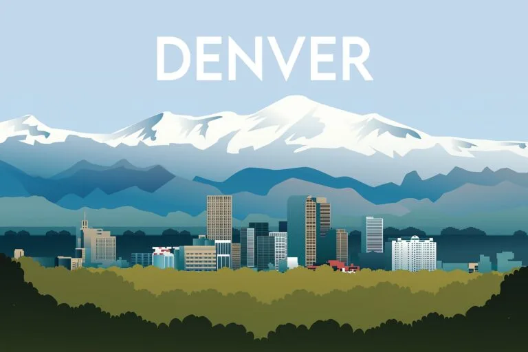 Denver skyline with the Rocky Mountains behind