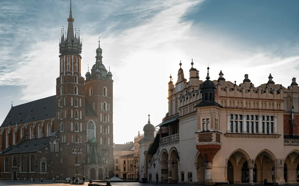 St. Mary's Basilica and the Cloth Hall on Kraków's Main Market Square, Poland