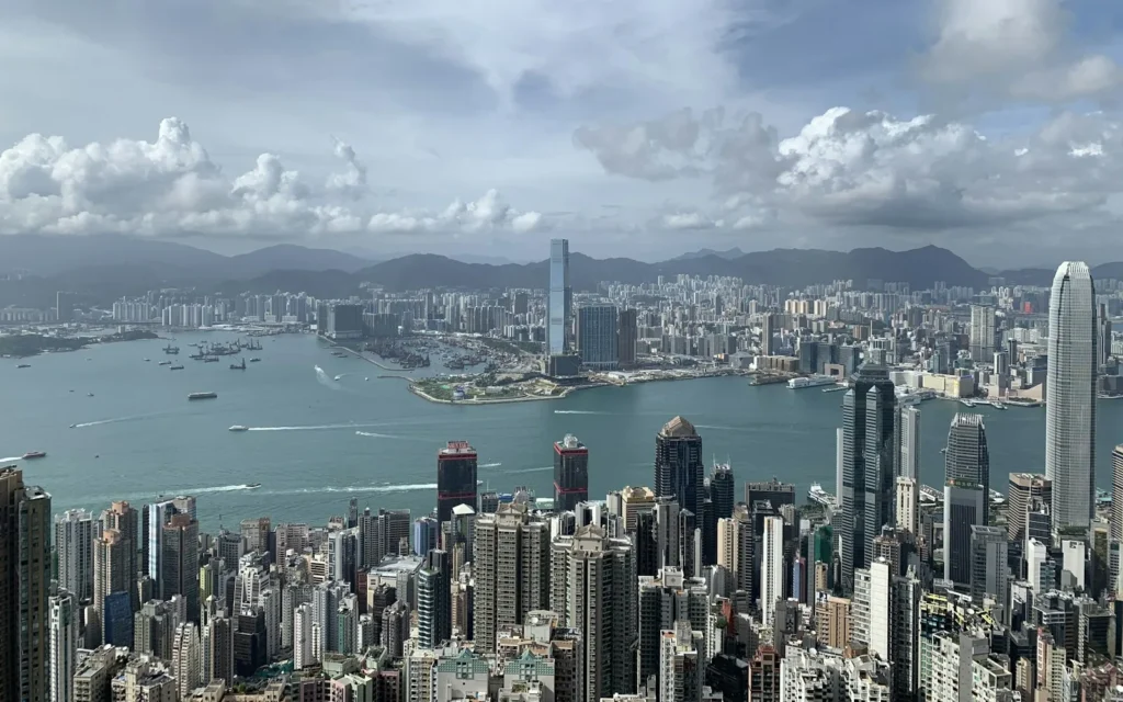 Skyscrapers crowding Victoria Harbour in Hong Kong