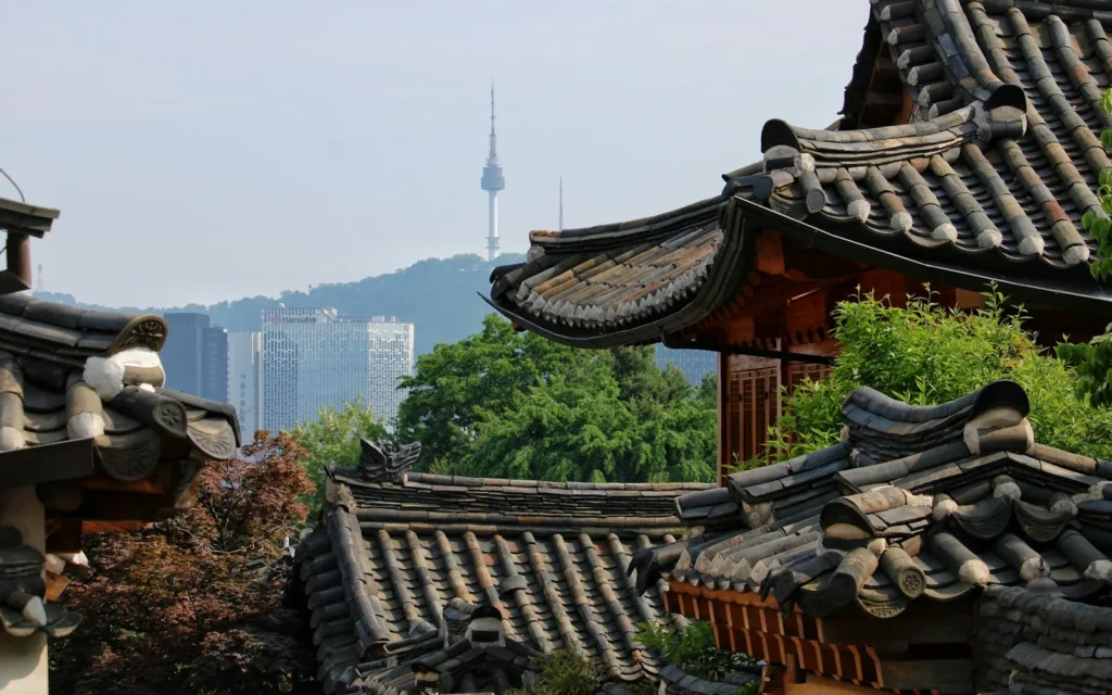 Tiled hanok roofs below N Seoul Tower, South Korea
