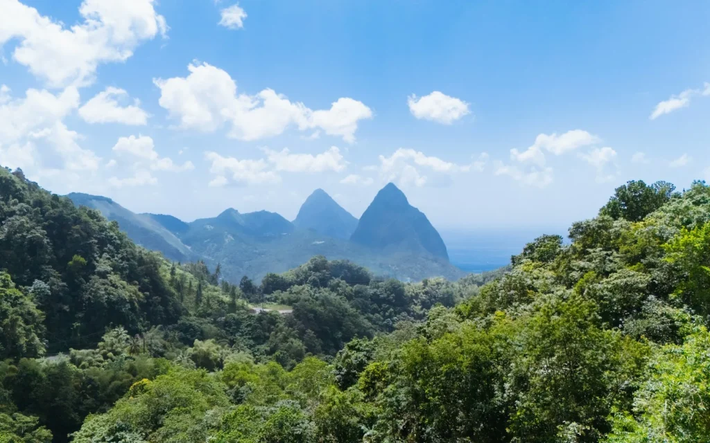 The twin volcanic Pitons rising above the rainforest of St Lucia