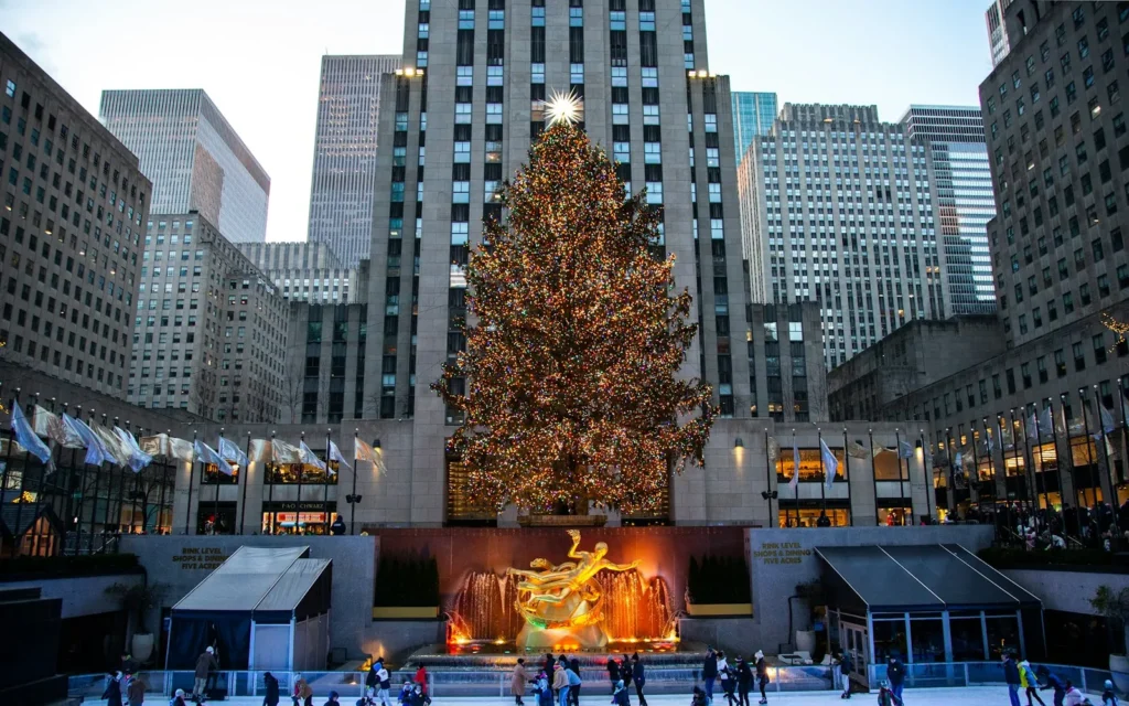 The Rockefeller Center Christmas tree and ice rink in New York City, USA