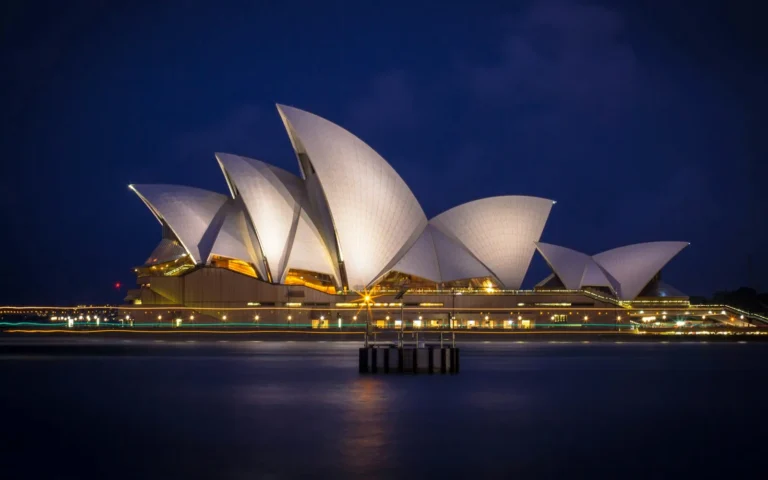 The Sydney Opera House lit up on a summer evening, Australia