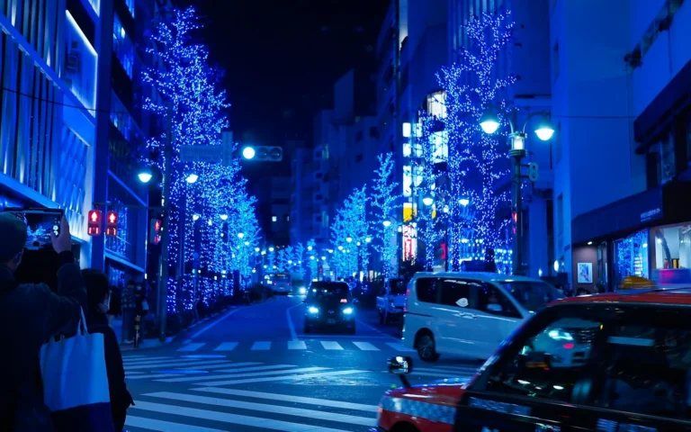 A Tokyo street glowing with blue winter illuminations, Japan