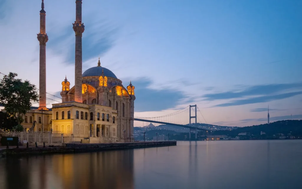 A mosque on the Bosphorus at dusk in Istanbul, Turkey