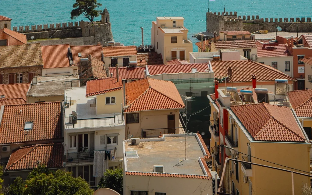 The terracotta-roofed old town and coast of Rhodes, Greece