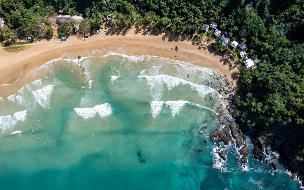 Turquoise surf breaking along the palm-backed coast of Siargao