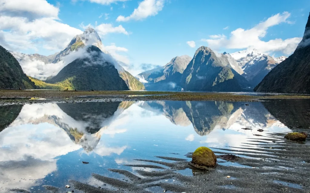 Mitre Peak reflected in Milford Sound, New Zealand