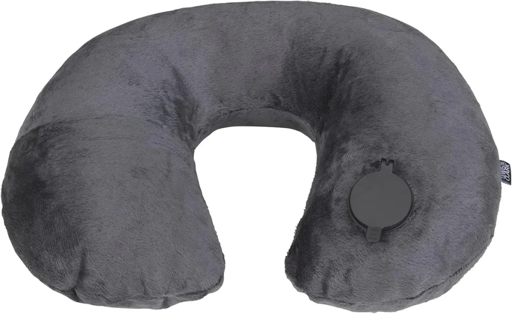 Lewis N. Clark inflatable travel pillow in grey plush fabric with a black twist valve.