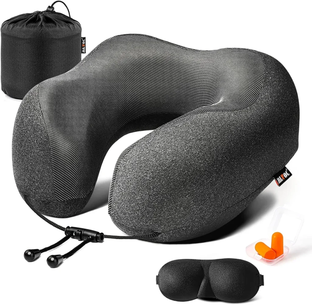MLVOC travel pillow in charcoal memory foam with a carry bag, 3D eye mask and earplugs.