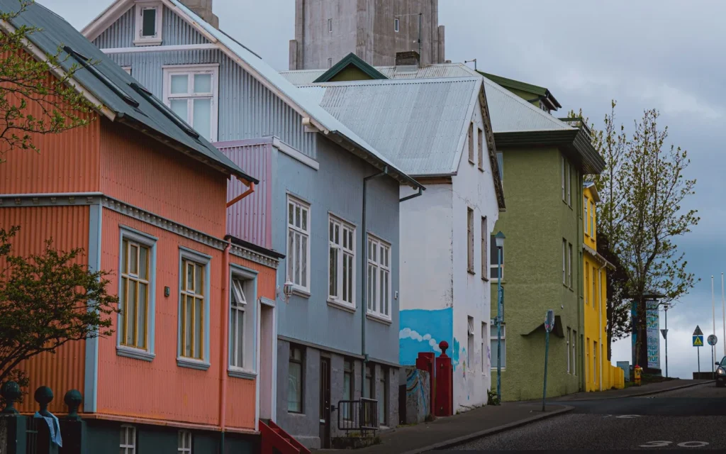 Colourful houses and the Hallgrimskirkja church tower in Reykjavik, Iceland