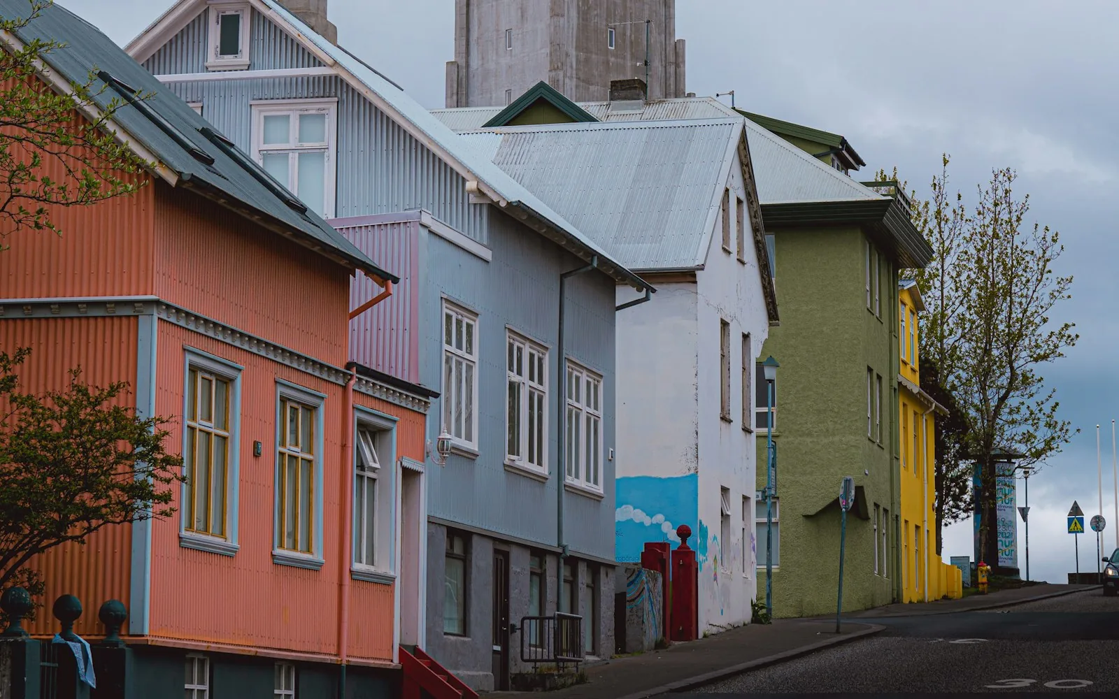 Colourful houses and the Hallgrimskirkja church tower in Reykjavik, Iceland