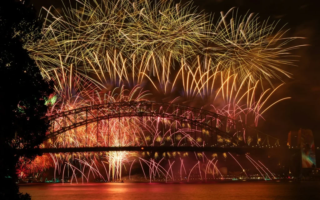 New Year's Eve fireworks bursting over the Sydney Harbour Bridge, Australia