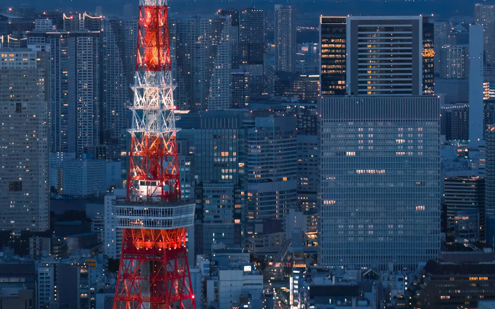 Tokyo Tower lit up above the city skyline at night, Japan