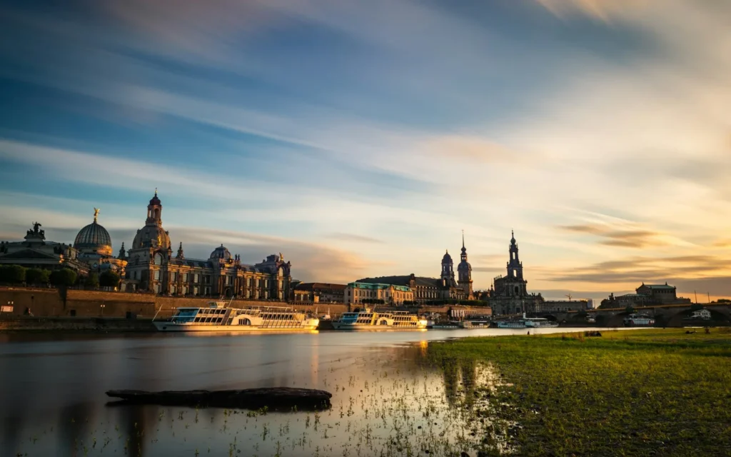 The baroque skyline of Dresden along the Elbe at sunset, Germany