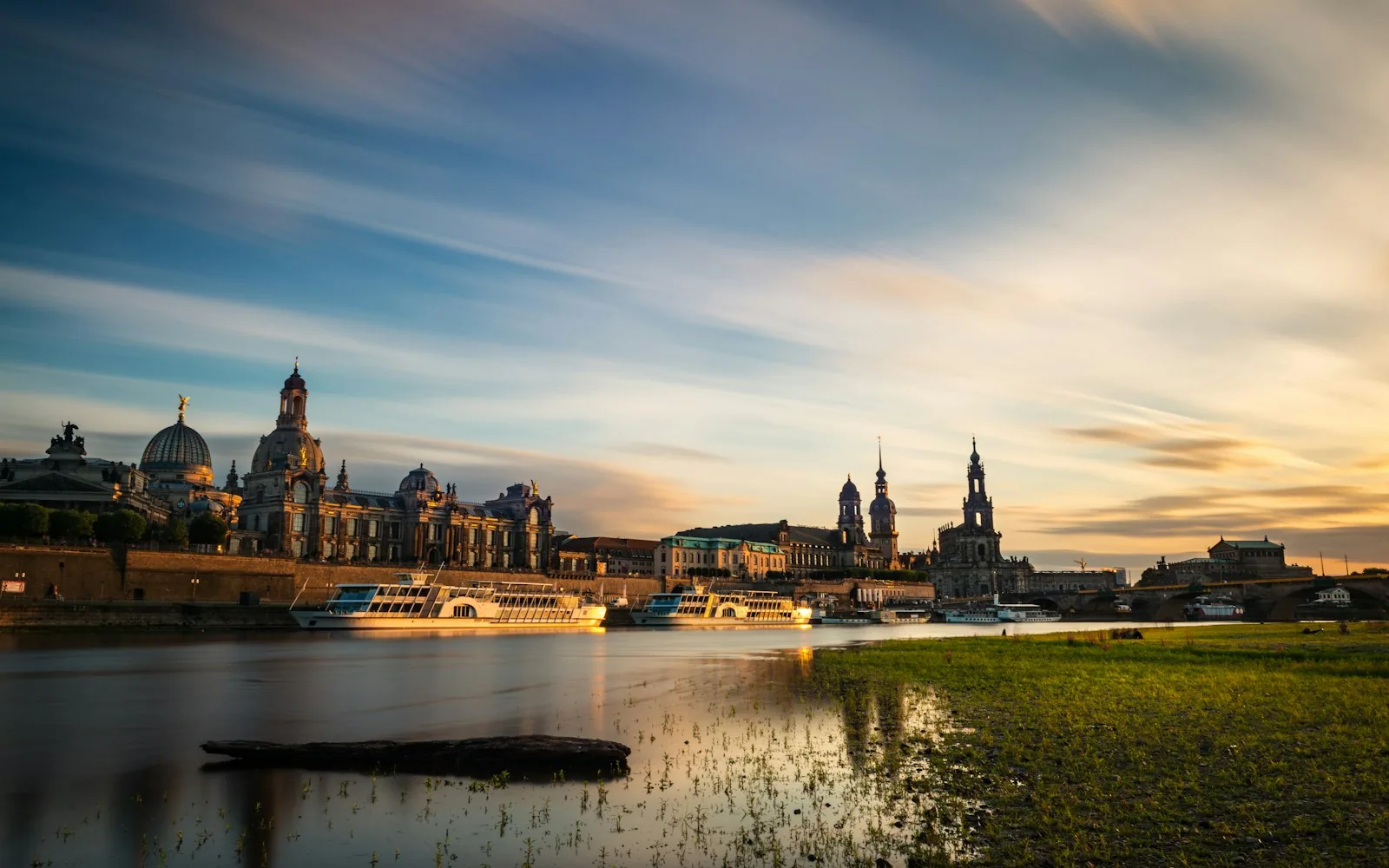 The baroque skyline of Dresden along the Elbe at sunset, Germany