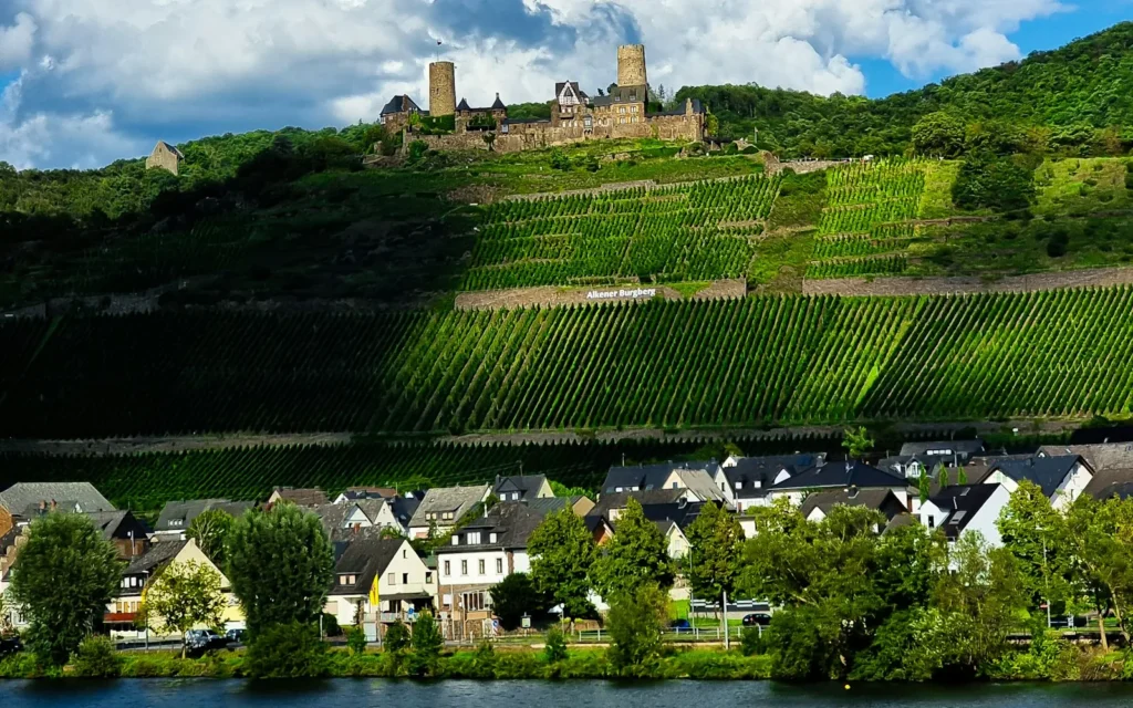 A vineyard village on a bend of the Moselle river, Germany
