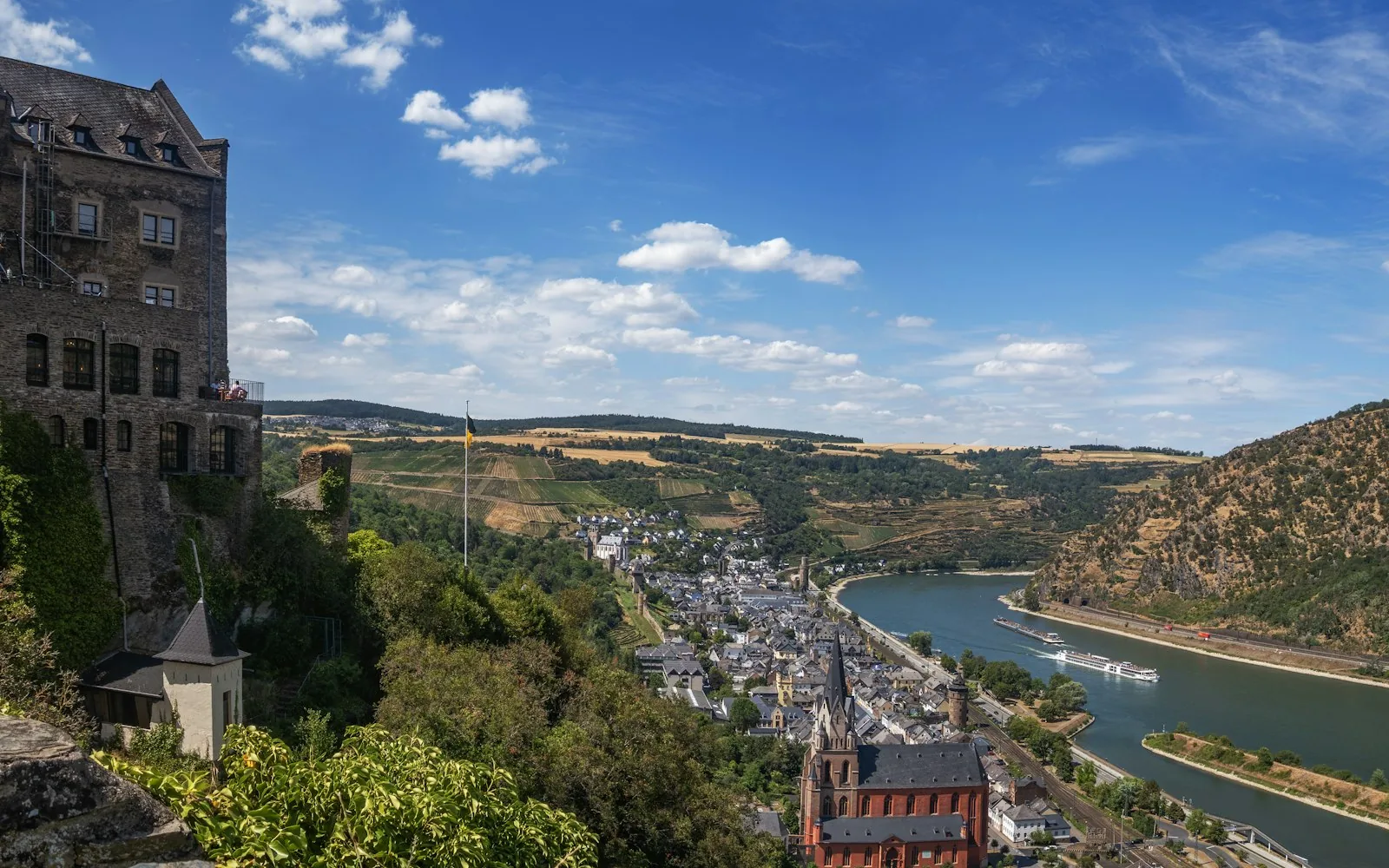 A hilltop castle above the Rhine Gorge and its vineyards, Germany