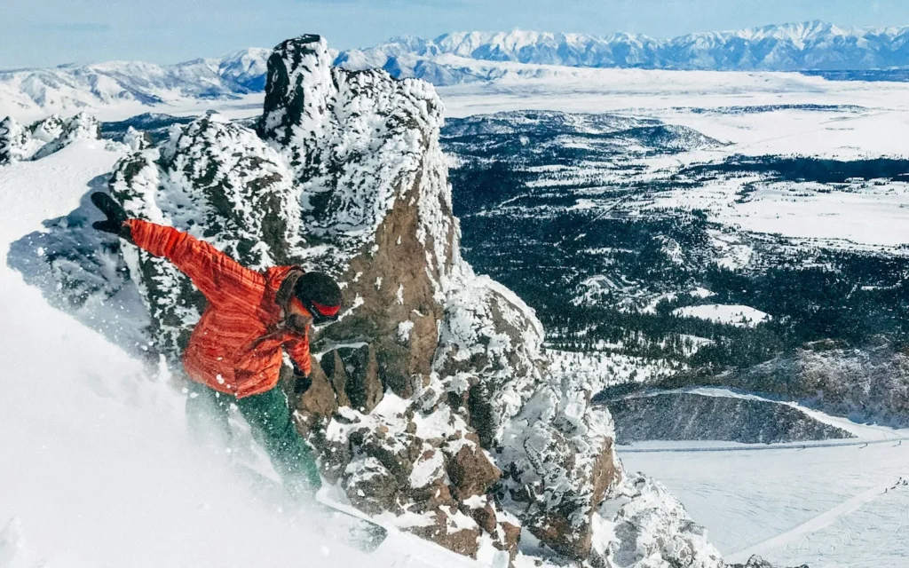 A skier on the steeps at Mammoth Mountain, California