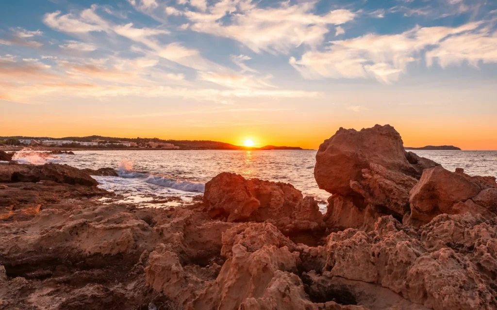 Sunset over the rocky Mediterranean coast of Ibiza, Spain
