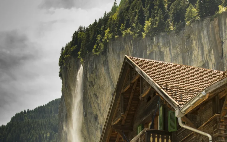 The Staubbach Falls above a chalet in the Lauterbrunnen valley, Switzerland