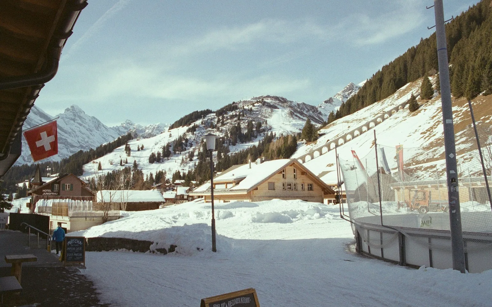 A snow-covered Swiss mountain village in winter