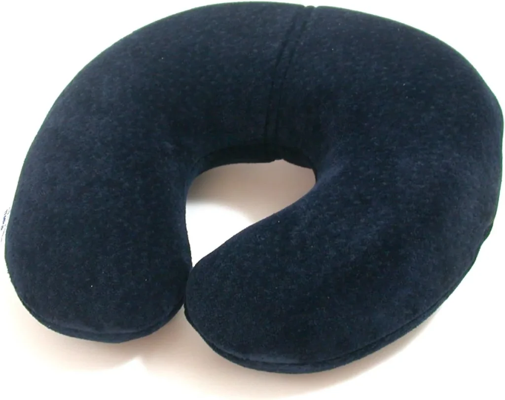 Tempur-Pedic Travel Neck Pillow in black dense memory foam with a carry pouch.
