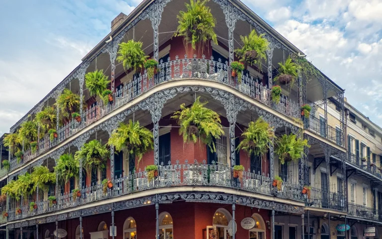 A wrought-iron balcony in the French Quarter of New Orleans, Louisiana