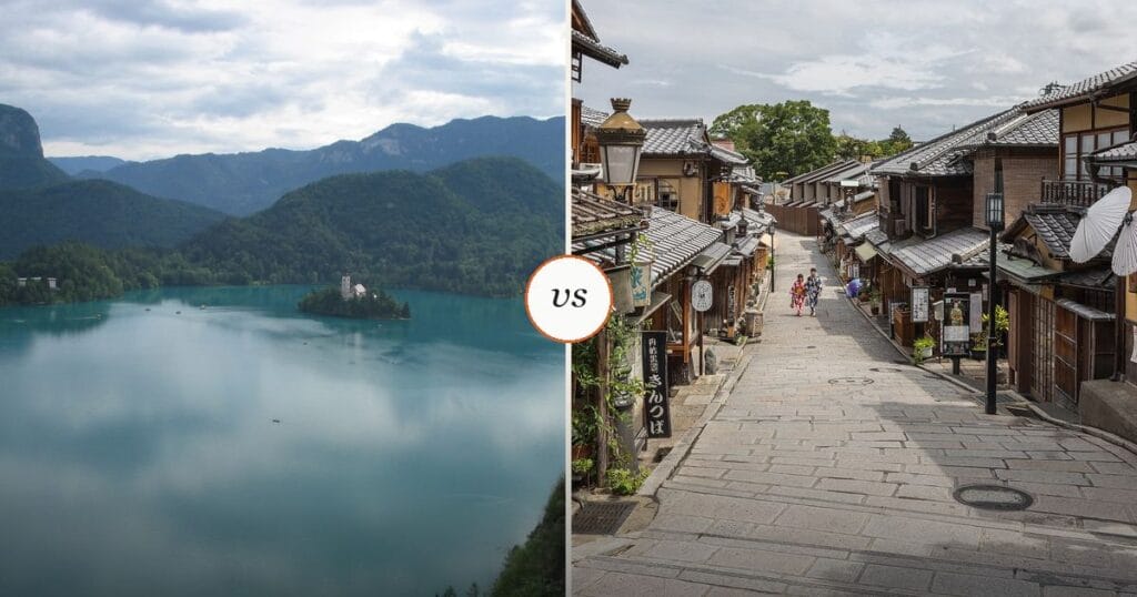 Lake Bled in Slovenia beside a traditional Kyoto street, shown side by side