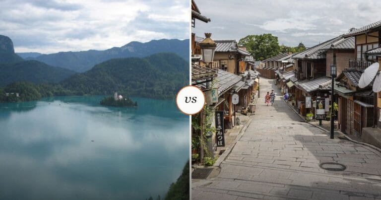 Lake Bled in Slovenia beside a traditional Kyoto street, shown side by side