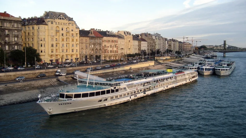 River cruise ships moored along the Danube embankment in Budapest, Hungary