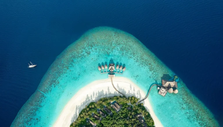An aerial view of a Maldives atoll ringed by overwater villas and turquoise lagoon